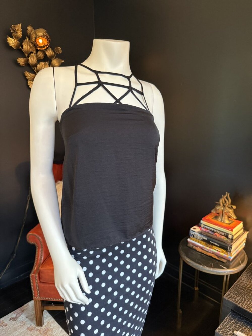 H&M Strappy Caged-Neck Cami Top Black Going-Out Star Strap Sz 4